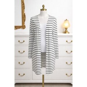 Chico's Cardigan Sweater Open Pockets Striped White Black Cotton Knit Size S